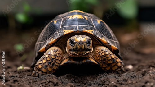 Close-up of a radiated tortoise with a detailed textured shell and patterned skin on soil background in a natural habitat setting.