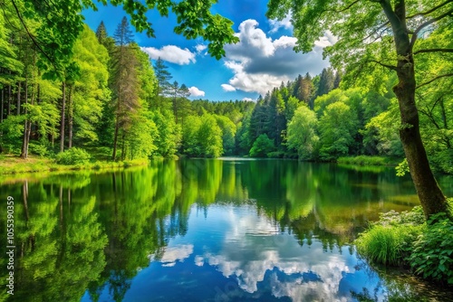 A tranquil forest lake with surrounding trees and lush greenery, untouched, green, forest, water, tree cover