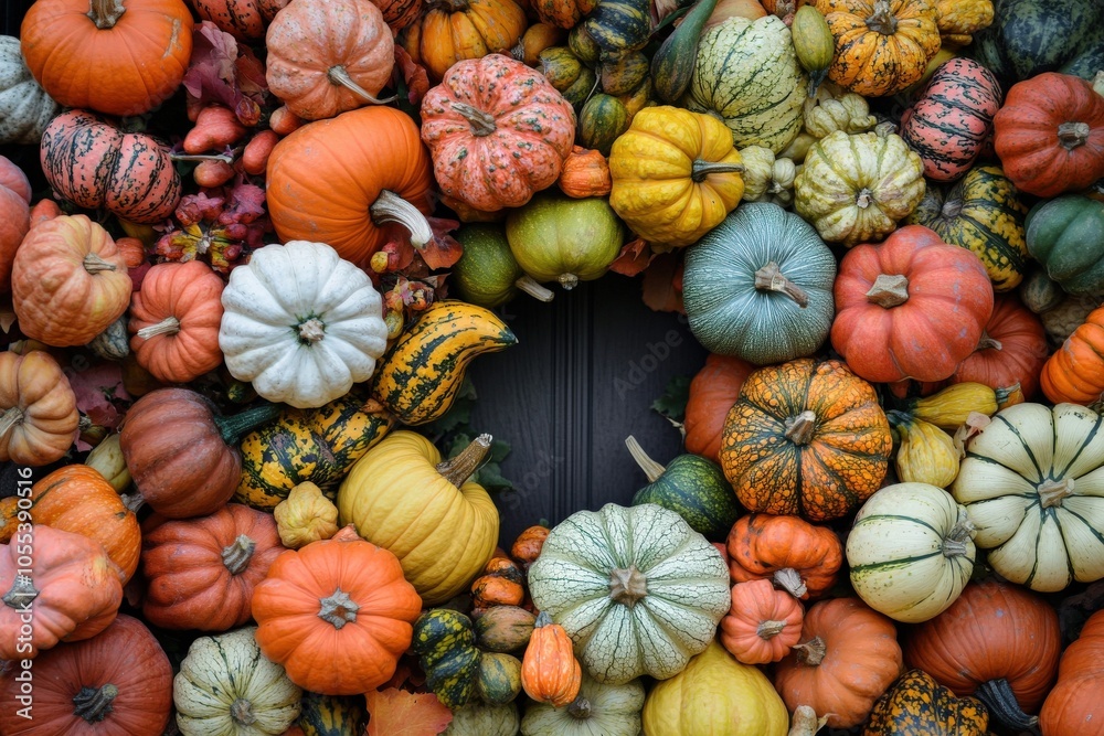 Thanksgiving Wreath. Chaplet Decorated with Squash and Pumpkin in Fall Colors
