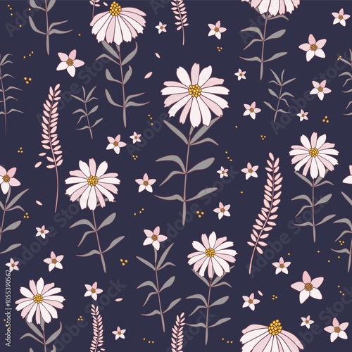 Vector illustration. Seamless floral pattern of delicate daisies on a dark blue background. Floral white pattern, field of flowers, print for fabric, textile, wallpaper, baby clothes, packaging