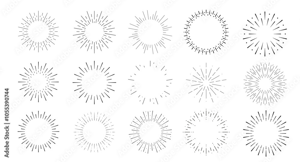 Sunburst firework line illustration. Black round icon. Vector drawings set. Radial frame. Sun ray circle