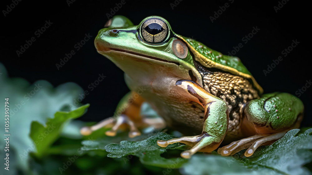 Close-up photograph of a vibrant green and orange tree frog sitting on lush green leaves against a dark background Close-up photograph of a vibrant green and orange tree frog sitting on lush green leaves against a dark background