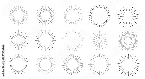 Sunburst firework line illustration. Black round icon. Vector drawings set. Radial frame. Sun ray circle