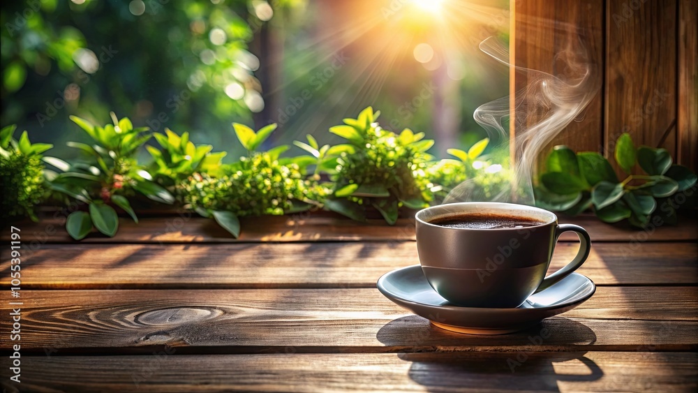 A steaming cup of coffee on a wooden table with a window and greenery in the background, bathed in the golden glow of morning sunlight. A steaming cup of coffee on a wooden table with a window and greenery in the background, bathed in the golden glow of morning sunlight.
