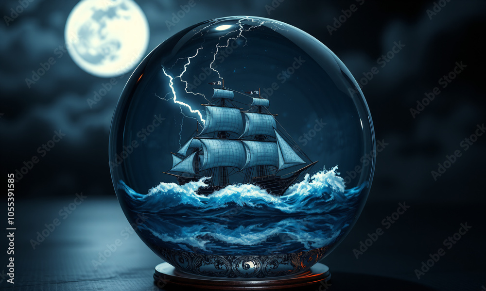 A dramatic ship sailing through stormy seas inside a glass globe A dramatic ship sailing through stormy seas inside a glass globe