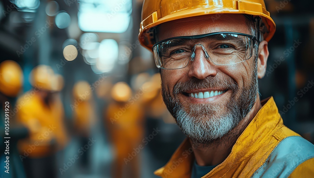 smiling middle-aged worker wearing a helmet and safety glasses. In the background, there is a group of workers at a steel plant. smiling middle-aged worker wearing a helmet and safety glasses. In the background, there is a group of workers at a steel plant.
