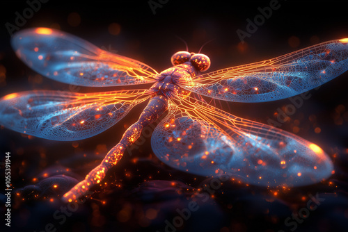 ethereal blue dragonfly with glowing fractal wings against a dark sparkling background