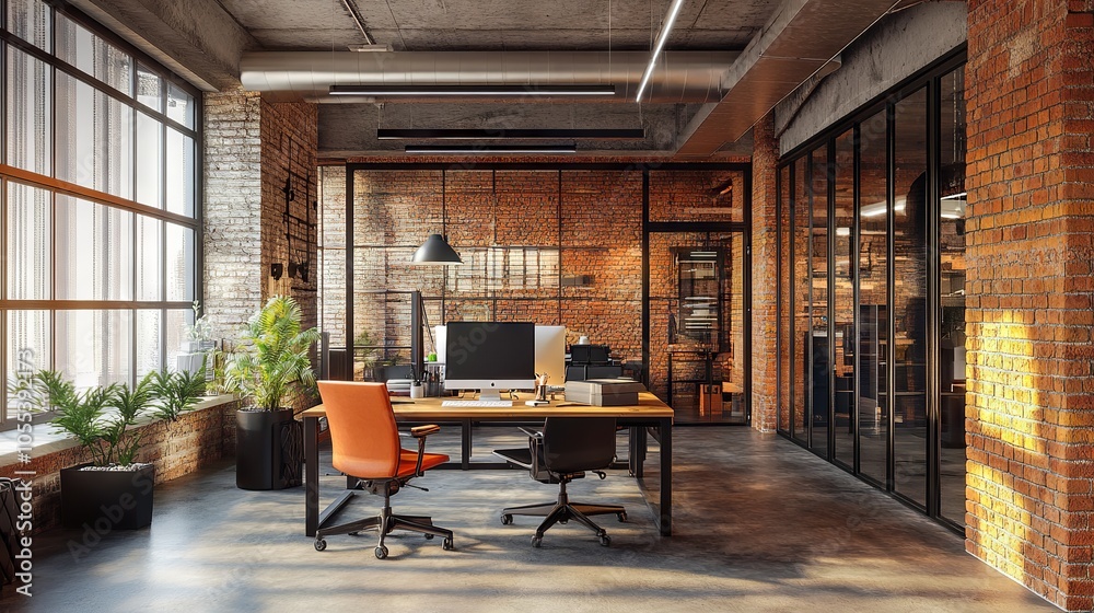 Modern office interior in loft with industrial design elements, spacious open workspace, exposed brick walls, large windows, and minimalist furniture 3d render of creative work environment Modern office interior in loft with industrial design elements, spacious open workspace, exposed brick walls, large windows, and minimalist furniture 3d render of creative work environment
