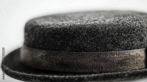 Detailed shot of a felt pork pie hat in dark gray, isolated on a white background, capturing rounded top and sharp brim photo