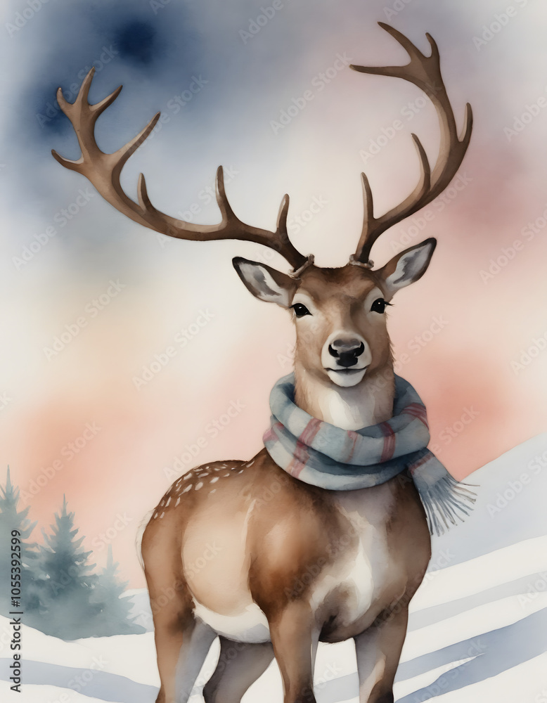 Deer in a cheerful mood wearing a scarf in a snowy landscape with mountains Deer in a cheerful mood wearing a scarf in a snowy landscape with mountains