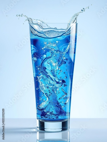 Blue water wave liquid splash bubble drink in a glass with a refreshing and energizing appearance, drink, water