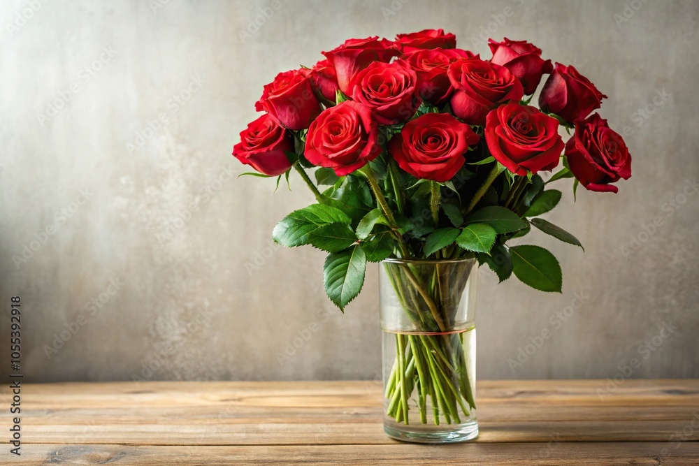 Fototapeta premium Bouquet of long-stemmed red roses arranged in a elegant vase, holiday, celebration