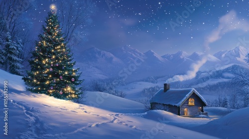 A dreamy Christmas night scene with a full moon shining brightly over a tranquil winter village.