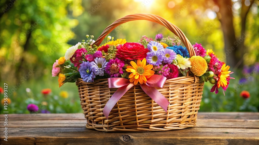 Brightly colored flowers in a large wicker basket with a ribbon tied around the top, , bright colors Brightly colored flowers in a large wicker basket with a ribbon tied around the top, , bright colors