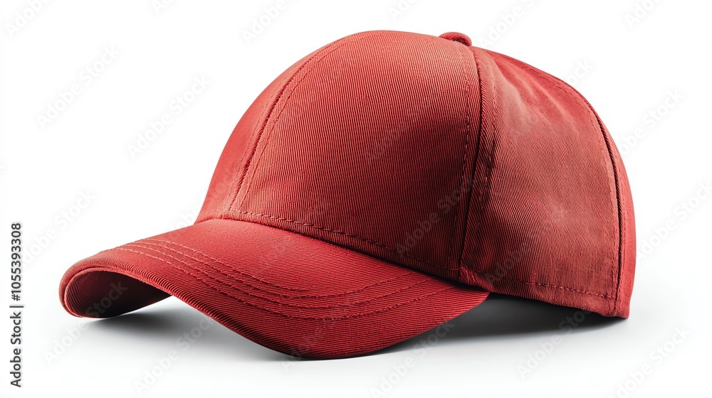 Traditional baseball cap in bright red with adjustable back strap, isolated on a white background, showing modern details Traditional baseball cap in bright red with adjustable back strap, isolated on a white background, showing modern details