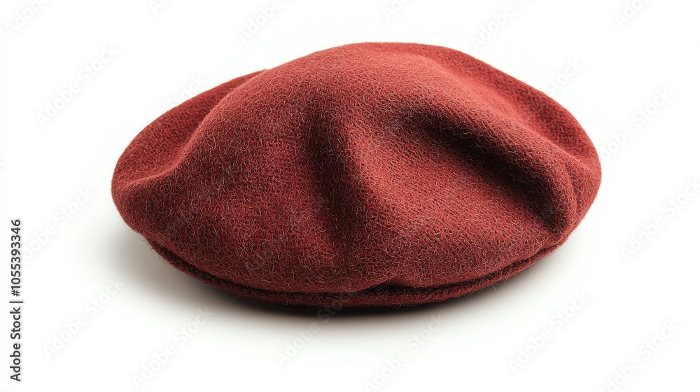 Traditional beret in rich red wool, isolated on a white background, highlighting the soft, rounded shape and texture Traditional beret in rich red wool, isolated on a white background, highlighting the soft, rounded shape and texture
