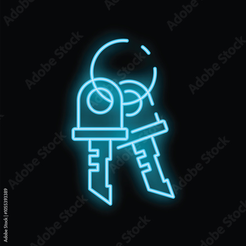 Two keys are glowing with blue neon light on a black background