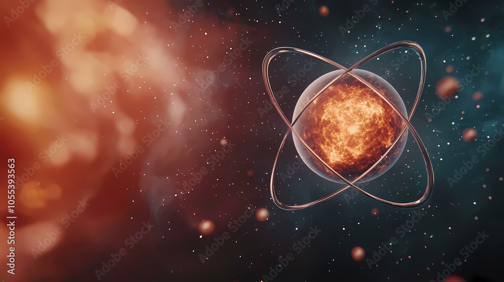 A bright, fiery sphere is surrounded by two orbits against a dark, starry background. A bright, fiery sphere is surrounded by two orbits against a dark, starry background.