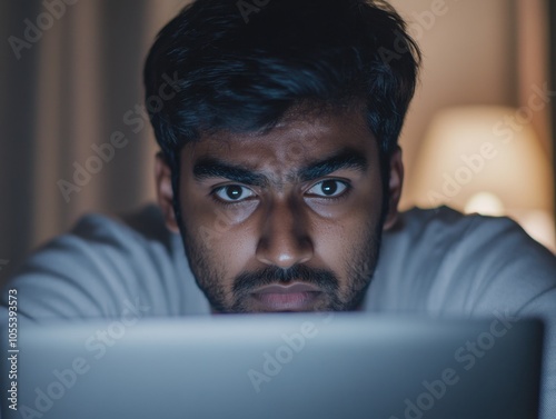 A Young Indian Man Focusing on a Laptop at Night