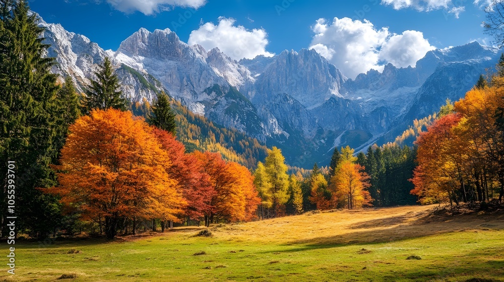 A vibrant autumn landscape with colorful trees at the base of a mountain range A vibrant autumn landscape with colorful trees at the base of a mountain range