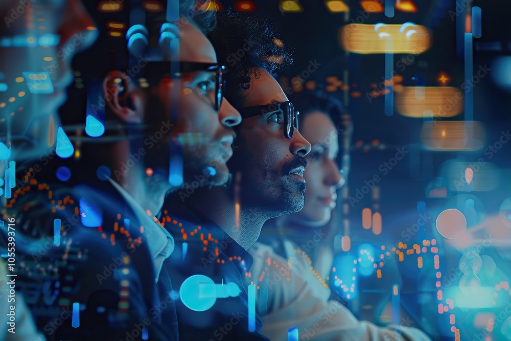 Global team collaboration with forex analysis hologram.