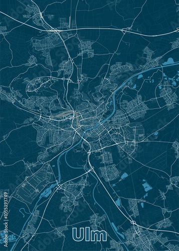 Map of Ulm, Germany, rendered in a minimalist style. The map features a deep blue background with white lines representing roads, streets, and waterways.