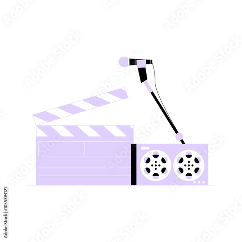 Film Clapboard And Microphone In Flat Vector Illustration Symbolizing Movie Production, Filmmaking, And Media, Isolated On White Background