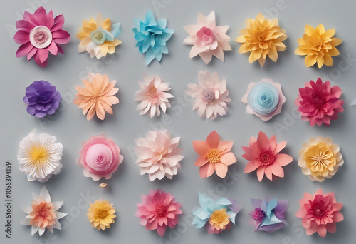 Set of colorful paper art style flowers isolated on transparent background