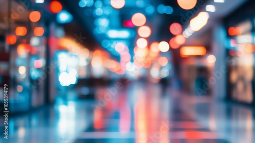 Blurred shopping mall corridor with defocused bokeh effect, retail hall interior of modern department store, abstract background for business and marketing concepts