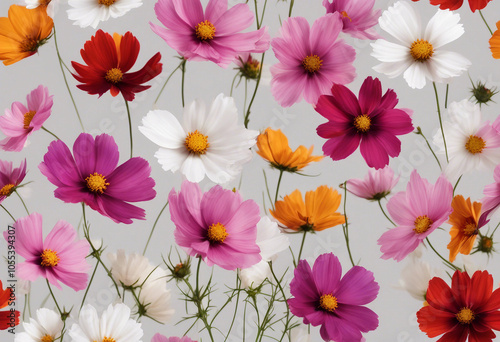 Set of colourful blooming cosmos flowers isolated on transparent background