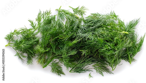 Fresh chopped, cut green dill isolated on white background, top view photo