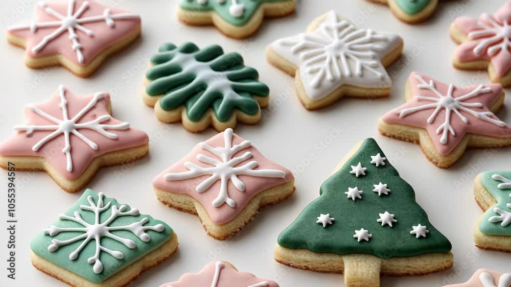 Colorful Christmas-themed sugar cookies shaped like trees and snowflakes, perfect for holiday celebrations Colorful Christmas-themed sugar cookies shaped like trees and snowflakes, perfect for holiday celebrations