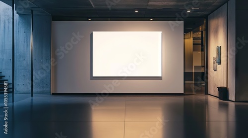 Blank white wall in modern minimalist office interior with bright natural light, sleek decor, and open floor plan workspace