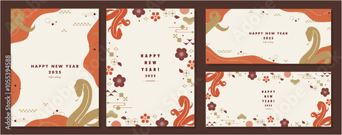 2025年巳年の年賀状テンプレート素材セット　蛇のシルエットイラスト　おしゃれ　