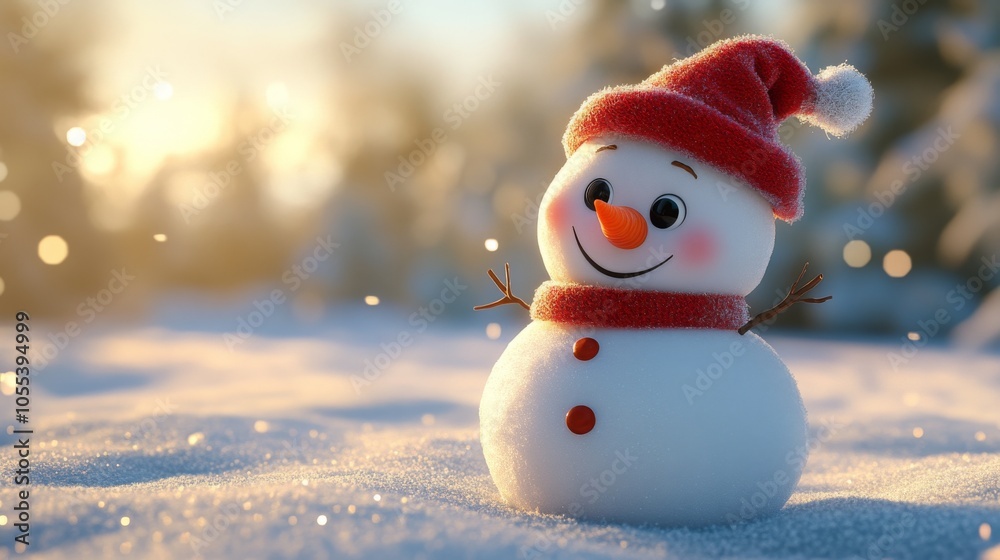 Cute Snowman in Red Hat and Scarf Winter Snow Scene Cute Snowman in Red Hat and Scarf Winter Snow Scene