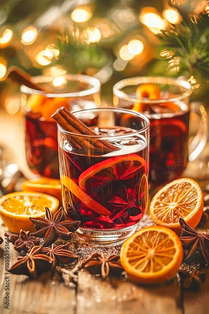 Red spicy Christmas mulled wine with cranberries, orange on a dark background. Image for Menu design of bars, cafes, restaurants Red spicy Christmas mulled wine with cranberries, orange on a dark background. Image for Menu design of bars, cafes, restaurants