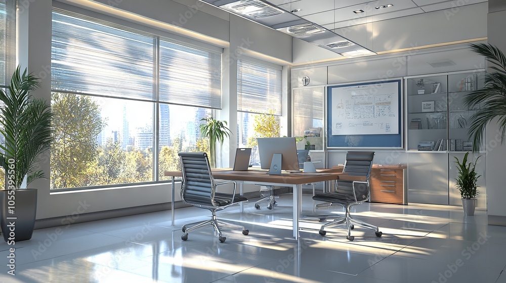 3d illustration of a modern office interior with contemporary furniture, open workspace layout, bright natural lighting, and sleek minimalist design 3d illustration of a modern office interior with contemporary furniture, open workspace layout, bright natural lighting, and sleek minimalist design