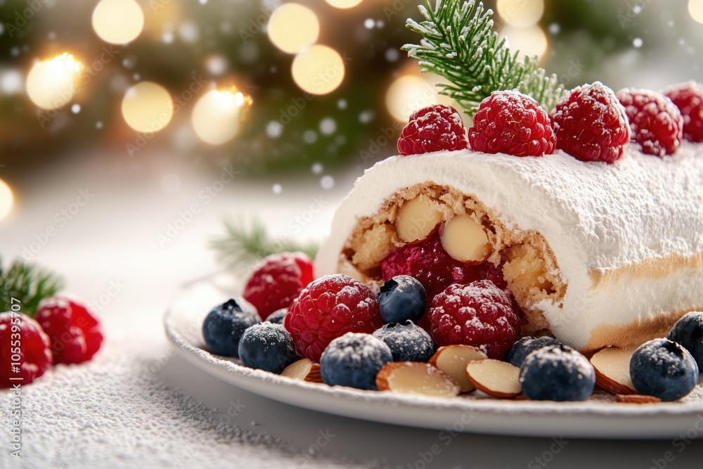A festive dessert featuring a yule log covered in berries and almonds during a winter celebration A festive dessert featuring a yule log covered in berries and almonds during a winter celebration