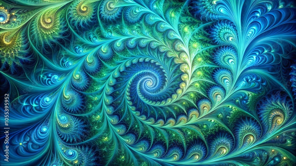 A Spiraling Symphony of Blue and Green Hues, Intertwining with Delicate Detail and Unfolding in a Captivating Dance of Form and Color