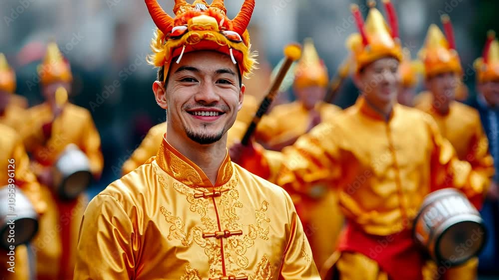 A smiling Asian male in a vibrant golden costume participates in a Chinese New Year parade A smiling Asian male in a vibrant golden costume participates in a Chinese New Year parade