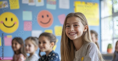 Smiling Girl in a Classroom with Her Classmates