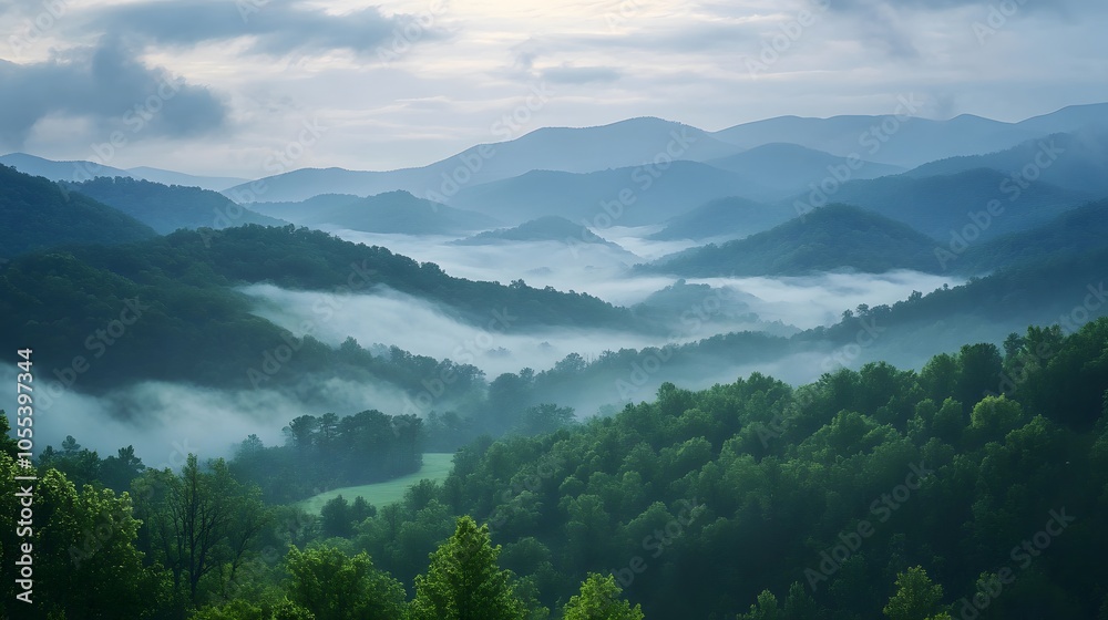 A foggy morning in the mountains with mist rolling through the valleys A foggy morning in the mountains with mist rolling through the valleys