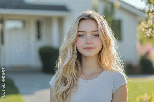 A very beautiful 17 year old American blonde young woman, she is dressed normally. She is in front of an average American house photo