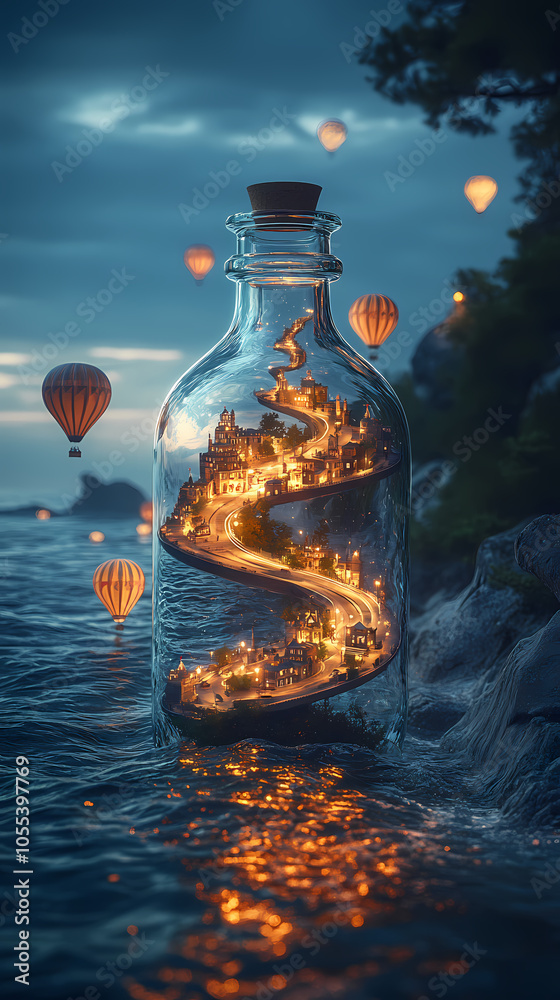 A miniature cityscape with a winding spiral road inside a transparent glass bottle. The road twists up like a spiral staircase, leading to tiny buildings, trees, and lampposts along the way. A miniature cityscape with a winding spiral road inside a transparent glass bottle. The road twists up like a spiral staircase, leading to tiny buildings, trees, and lampposts along the way.