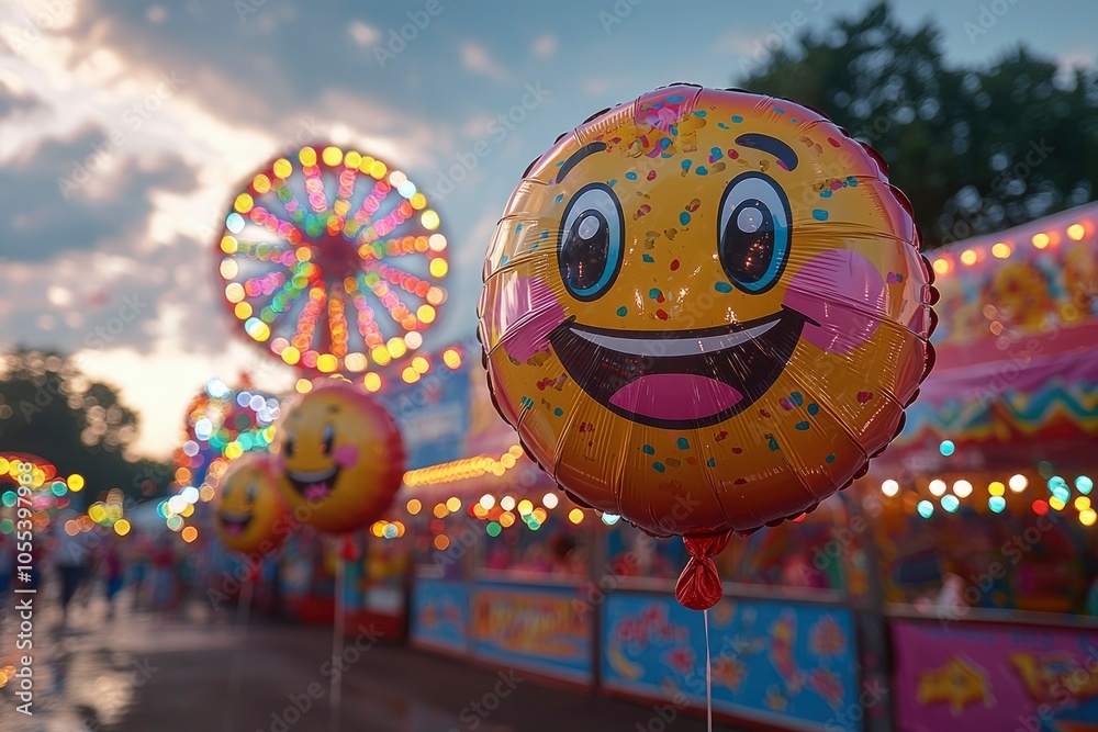 Fototapeta premium Smiling Emoji Balloon at a Carnival with a Ferris Wheel in the Background