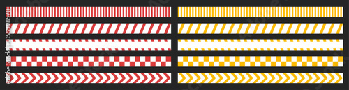 White and red caution warning tape set: designed for industrial safety, roadwork, construction, and hazard zones. Vector illustration.