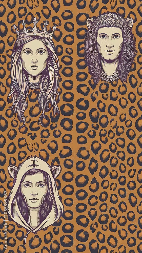 Naklejka premium Illustration pattern background leopard skins and two heads