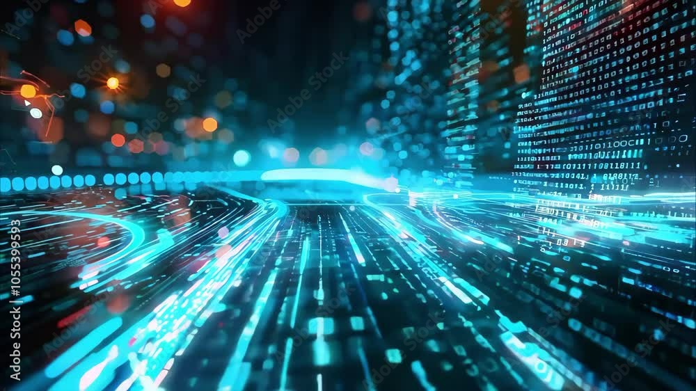 A futuristic scene with flowing streams of digital data represented by glowing binary numbers and abstract lights.