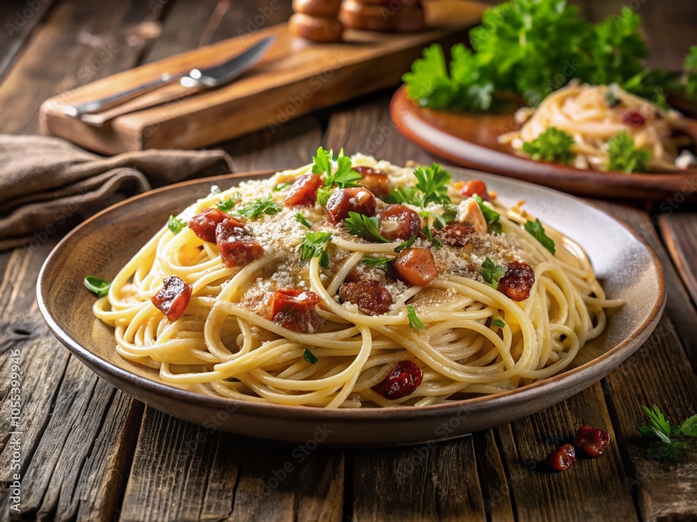 Classic Spaghetti Carbonara with Crispy Bacon and Parmesan - Delicious Italian Cuisine Classic Spaghetti Carbonara with Crispy Bacon and Parmesan - Delicious Italian Cuisine
