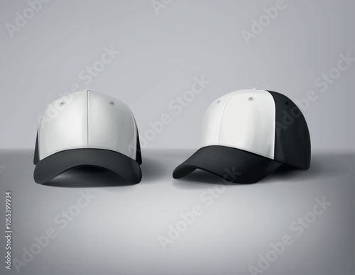 Black and white baseball caps mock up with logo in gray background, front sides. For branding and advertising.